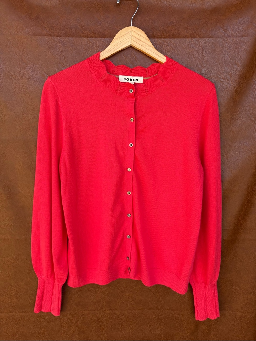 Boden Imi Scalloped Cardigan Sweater M Pink Coral Cotton Wool Blend